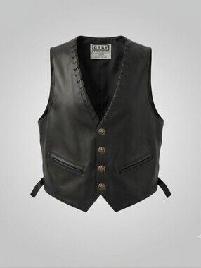 Gaby Black Faux Leather Biker Motorcycle Vest Size Large Star Buttons